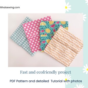 May include: Four fabric snack bags with different patterns: pink with white polka dots, green with lemons and watermelons, light blue gingham, and beige with wavy lines. The bags are on a white surface. The text "Fast and ecofriendly project" and "PDF Pattern and detailed Tutorial with photos" is below the bags.