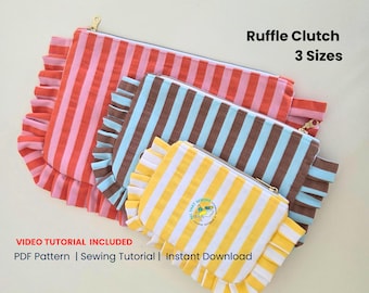 Clutch Pattern PDF, Wristlet Clutch Purse, MakeUp Bag Sewing Pattern, Ruffle Bag