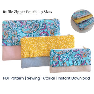 May include: Three zipper pouches in different sizes with ruffled edges. The largest pouch is teal with a paisley pattern, the medium pouch is yellow with a white dot pattern, and the smallest pouch is teal with a floral pattern.  The pouches are lined with a light pink fabric, a light blue fabric, and a beige fabric, respectively.  Ruffle Zipper Pouch - 3 Sizes. PDF Pattern | Sewing Tutorial | Instant Download