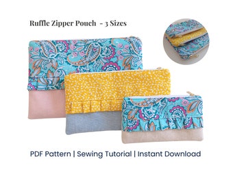 Super Easy Zipper Pouch PDF Sewing Pattern, Ruffle Zipper Purse Sewing Tutorial, Beginner Level Pouch in 3 Sizes Tutorial