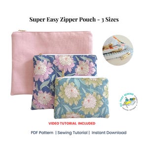 Padrão de costura em PDF para bolsa com zíper super fácil, tutorial de costura para bolsa utilitária pequena, tutorial para bolsa nível iniciante em 3 tamanhos