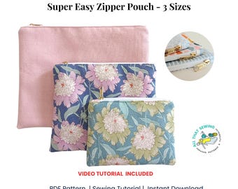 Super Easy Zipper Pouch PDF Sewing Pattern, Small Utility Pouch Sewing Tutorial, Beginner Level Pouch in 3 Sizes Tutorial