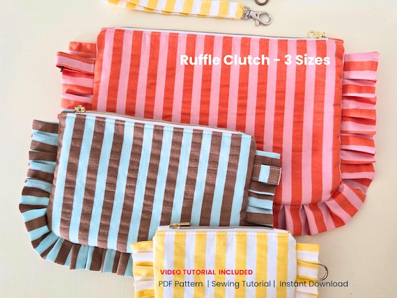 Clutch Pattern PDF, Wristlet Clutch Purse, MakeUp Bag Sewing Pattern, Ruffle Bag