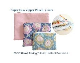 Super Easy Zipper Pouch PDF Sewing Pattern, Small Utility Pouch Sewing Tutorial, Beginner Level Pouch in 3 Sizes Tutorial