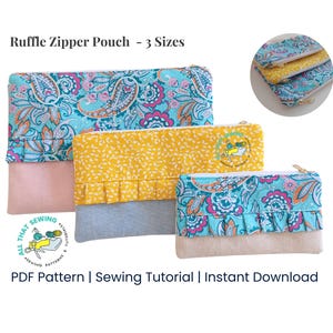 Zipper Pouch with Ruffle Pattern, Ruffle Zipper Bag in 3 Sizes, PDF Sewing Pattern