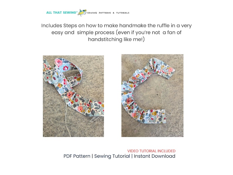 May include: Image shows two sections of floral fabric ruffles, likely for sewing projects. The fabric has a pattern of small flowers in shades of pink, blue, and green. Text at the top indicates instructions on how to make the ruffle. The image is for a sewing tutorial.