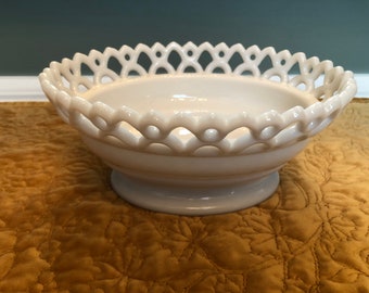 Vintage Reticulated Westmoreland Milk Glass Footed Oval Basket Bowl With Lace Edge
