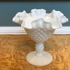 Vintage Fenton  Milk Glass Pedestal Compote, Double Crimped Wavy Ruffles, Hobnail