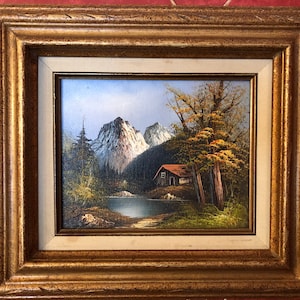 Original Oil Painting, Signed, Vintage Gold Frame, Cabin on Lake, Snow Covered Mountains, Trees, Fall / Winter, Vintage