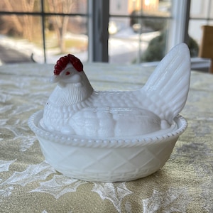 Westmoreland Milk Glass Covered Chicken, Hen on Nest Candy Dish, Red and White, Vintage Mid century