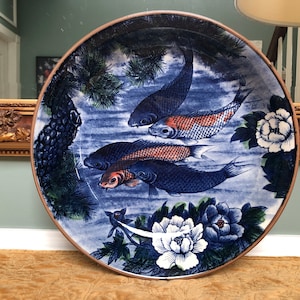 Japanese Koi Goldfish Lotus Flower Large Vintage Serving Bowl