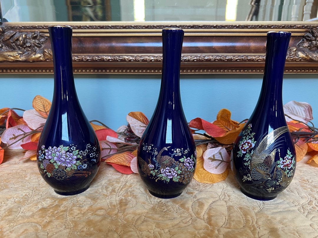 Vintage Kutani Bud Vases Set, MCM, Cobalt Blue Hand Painted Gold Rimmed
