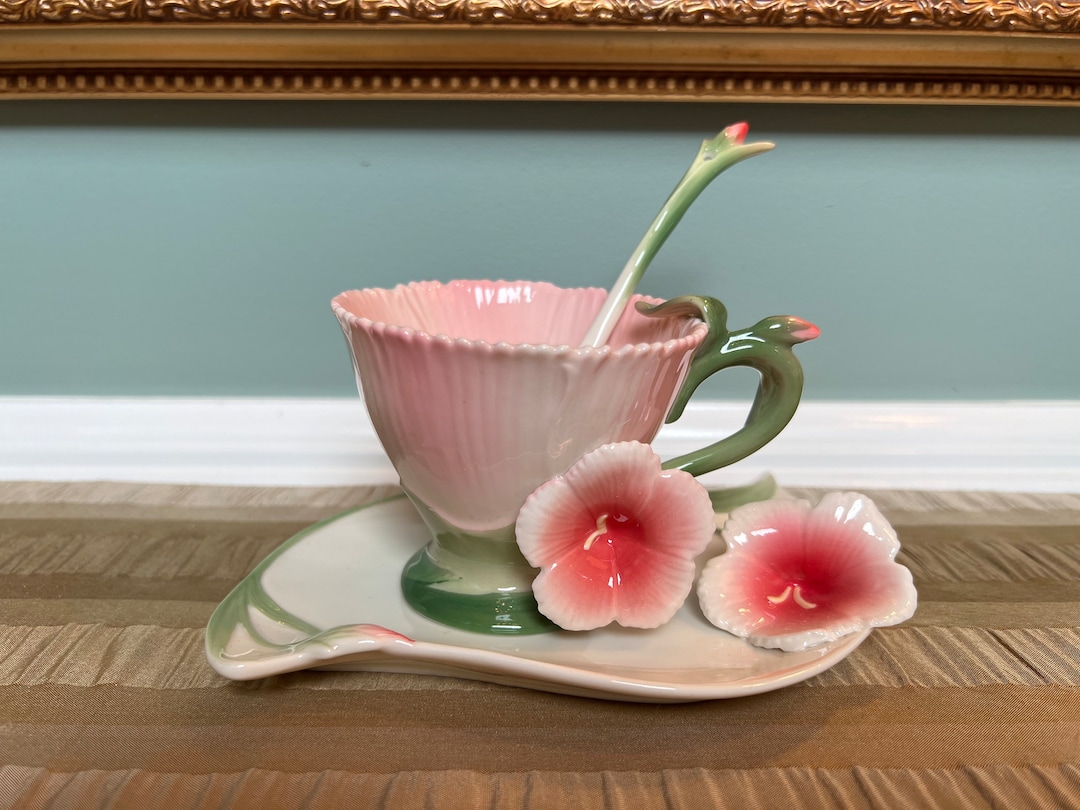 Vintage Franz Pink Flower Floralis Teacup and Saucer and Spoon