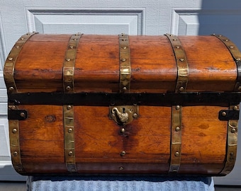 RARE! 1800&#39;s Amazing One of a Kind Hand Carved Jenny Lind Steamer Trunk, Pirates Chest, Treasure Chest with Incredible Patina & Character