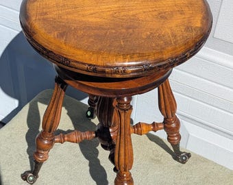 RARE Fantastic Find! Beautiful Hand Crafted Antique Mahogany Piano Stool with RARE Design Turned Fluted Legs with Cast Metal & Glass Feet