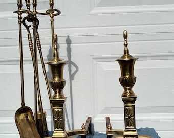 RARE! Gorgeous Antique Early 1900's Solid Brass Fireplace Set with Ornate Andirons and Tool Set