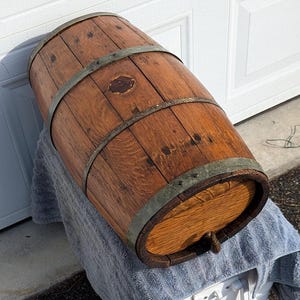 Super Rare Find!  One of a Kind Man Cave Special, 1800&#39;s Hand Carved Oak Whiskey Barrel, Water Barrel, Wine Barrel with Cast Brass Spigot