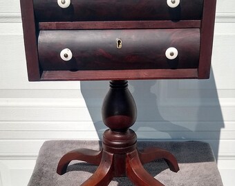 RARE! Fantastic 1835 Hand Signed Flame Mahogany Hand Carved Empire Sewing Table, Lamp Table Night Stand, Side Table with Wonderful Character