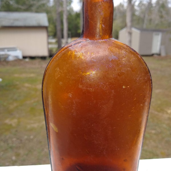 Nice 1800's Strapped Sided Whiskey Flask, Hand Blown wth Nice Bubbles and Imperfections