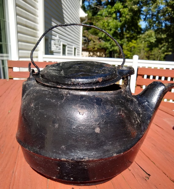 Large Antique Cast Iron Kettle Pot With Bird Spout, Swivel Lid