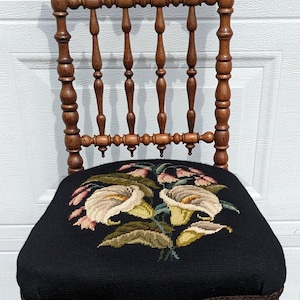RARE Find! Gorgeous Antique Ornate Hand Carved Walnut Dining Room Chair, Sitting Chair with Beautiful Hand Crafted Needle Point Seat