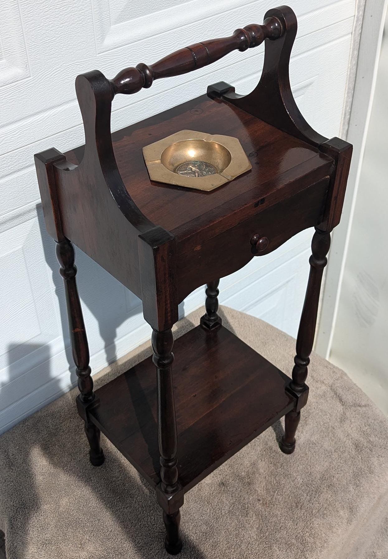 Estate Find! Beautiful Small Antique Smokers Table With Humidor Drawer &  Fantastic Solid Brass Eagle Ashtray and Hand Turned Legs