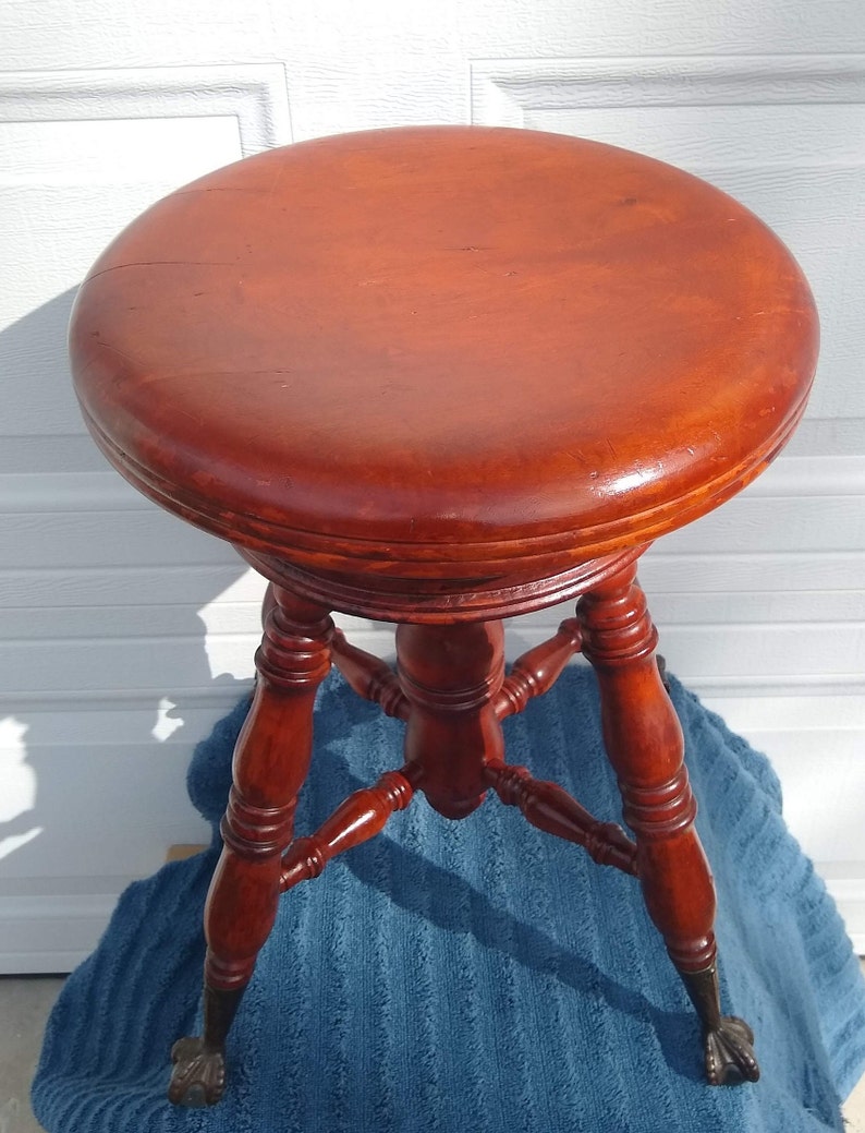 RARE Antique Piano Stool A Merriam Co Brass Eagle Clawfoot W/ Glass