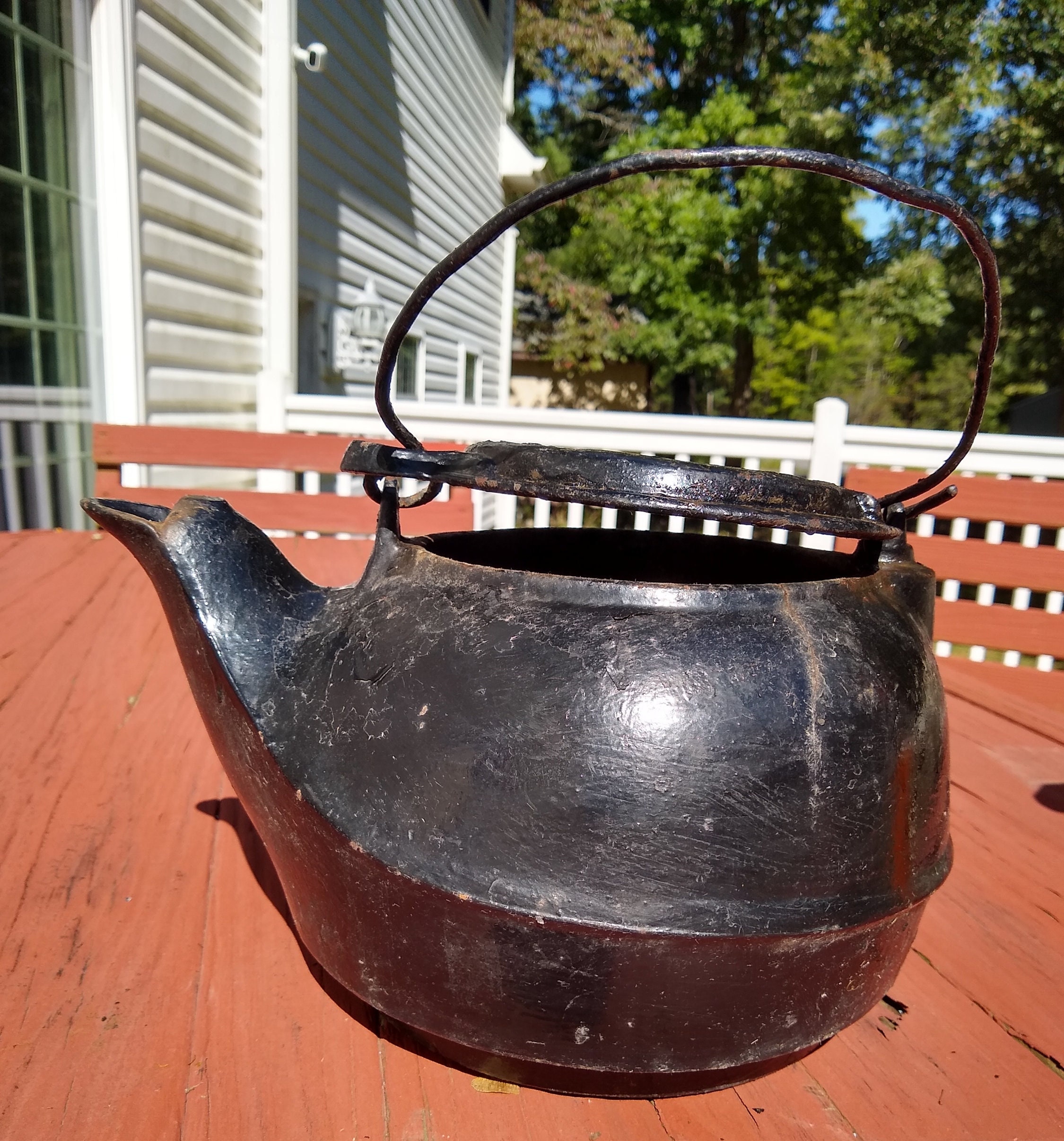 Large Antique Cast Iron Kettle Pot With Bird Spout Swivel Lid Etsy