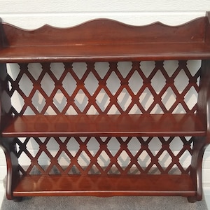 Great Find!  Beautiful Vintage Wood Lattice Backed Hand Carved Mahogany Colored Wall Shelf Wall Display Wall Hanging