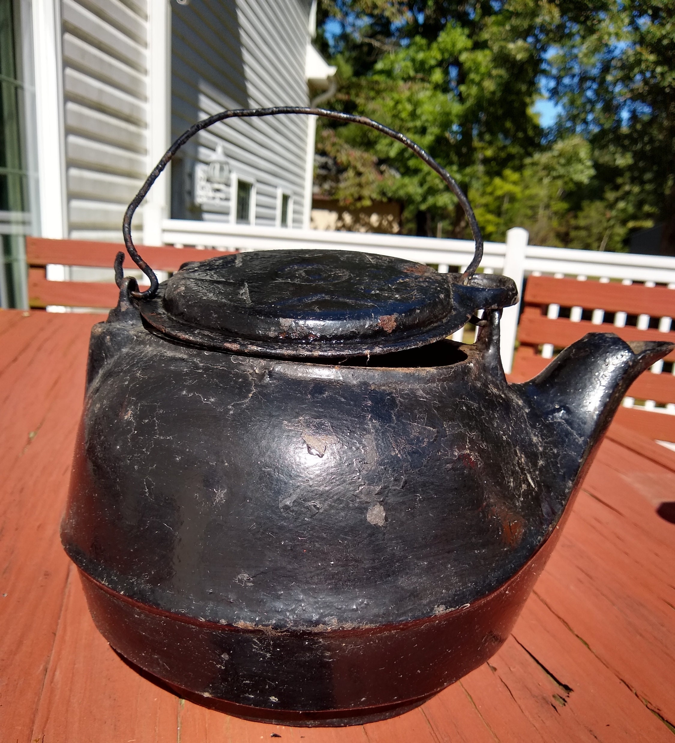 Large Antique Cast Iron Kettle Pot With Bird Spout Swivel Lid Etsy