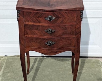Rare Museum Find! Antique Gorgeous Walnut French Louis XV Night Stand, Bedside Table with 3 Drawers & Beautiful Parquetry Inlays