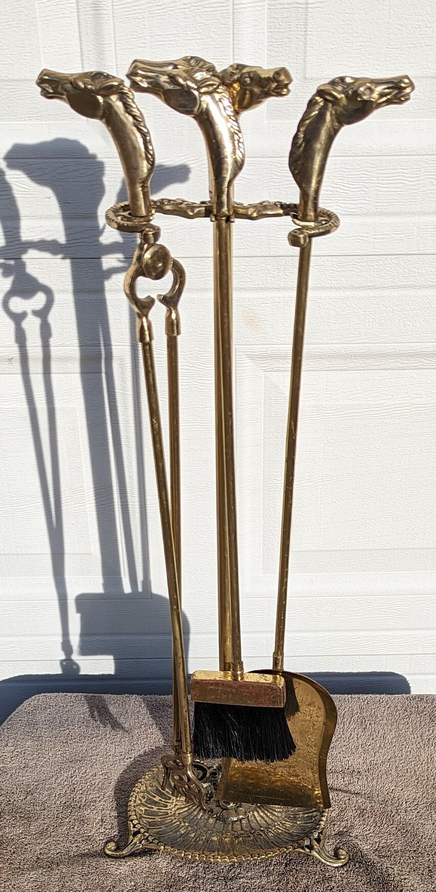 RARE Find Vintage Brass Horse Head Fireplace Tools With Stand Hollywood