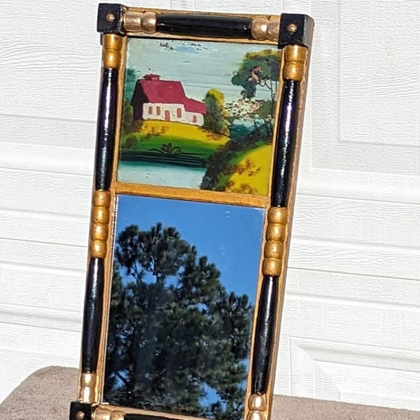 Wonderful Attic Find! Antique American Federal Giltwood Reverse Painted Mirror with Eglomise Panel, Hand Crafted Piece!