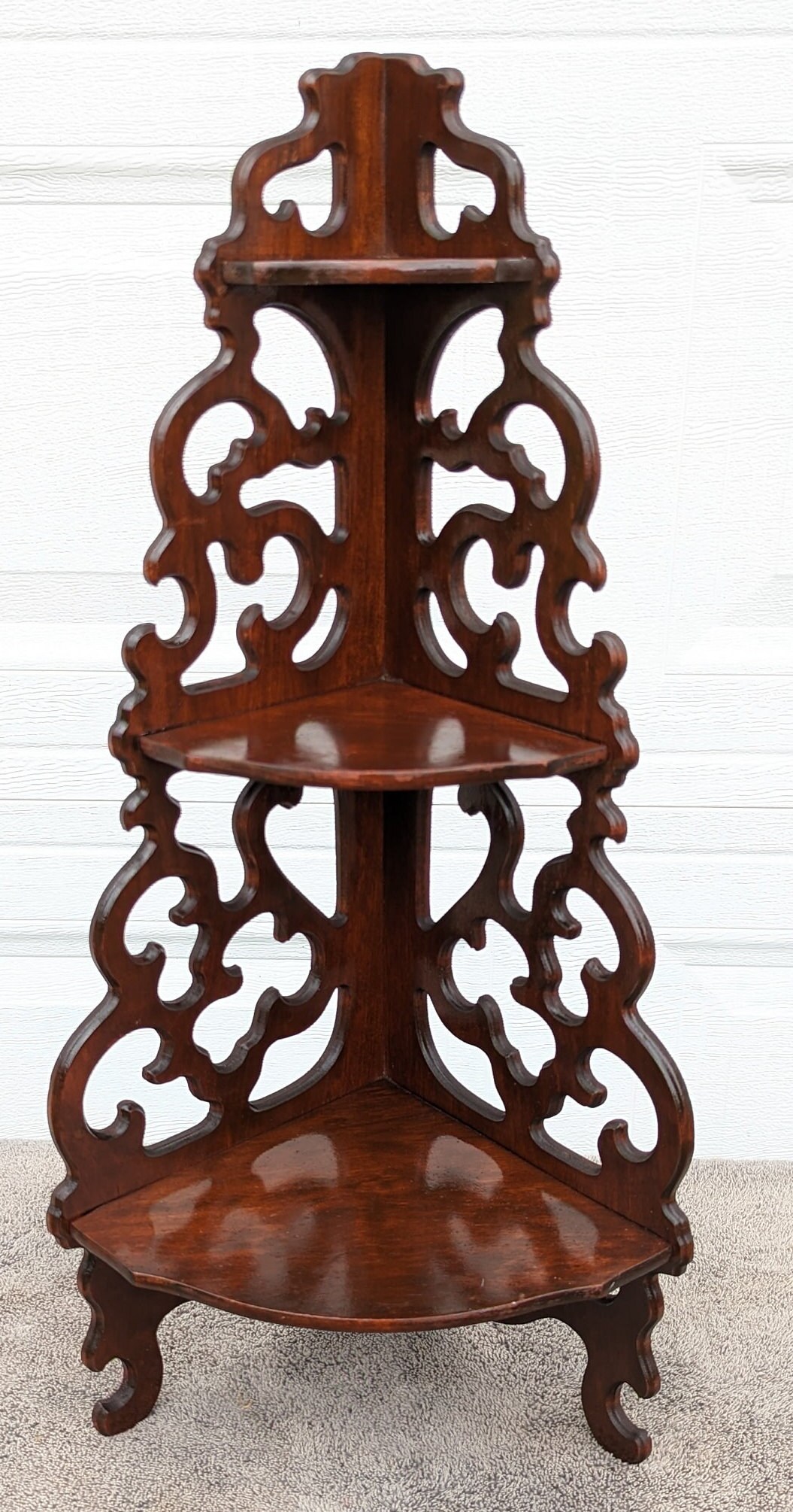 Antique Edwardian Hand Carved Ornate Solid Mahogany Corner Shelf