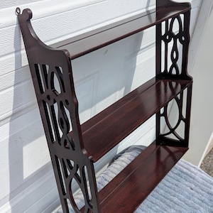 RARE! Gorgeous 1940&#39;s Ornate Solid Mahogany Hand Carved Wall Shelf, Wall Display, Wall Hanging with Wonderful Design & Amazing Fretwork