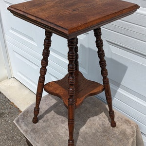 RARE Find! Wonderful Antique Hand Carved Solid Oak Side Table, Accent Table, Plant Stand with Hand Turned Legs Restored by Master Craftsman