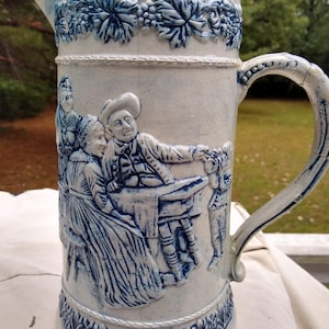 Beautiful 1800&#39;s Whites of Utica Salt Glazed Stoneware Pitcher Cobalt Decorated (Flawed but Displays Beautifully)