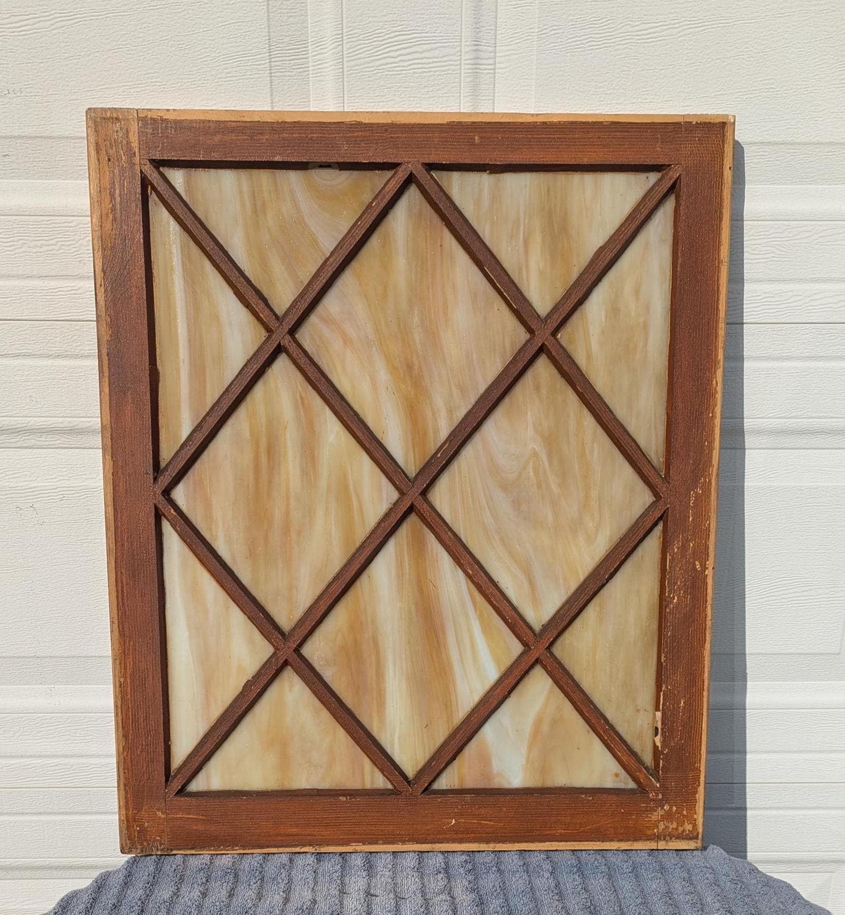 Museum Find! Gorgeous Early 1900's Stained Slag Glass Window with Diamond Shaped Beautiful Slag Glass & Wooden Borders