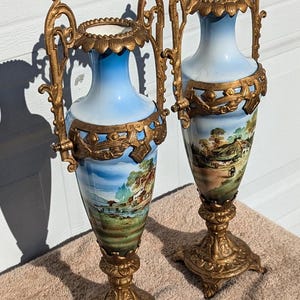 RARE Quality Find! Gorgeous Pair Antique Fine Sevres Porcelain Urns, Vases, Ewers Beautiful High Quality Hand Painted