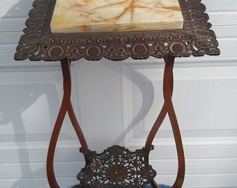 Extremely RARE! Antique Victorian Metal and Onyx Inset Two-Tier Plant Pedestal Stand Accent Side Table