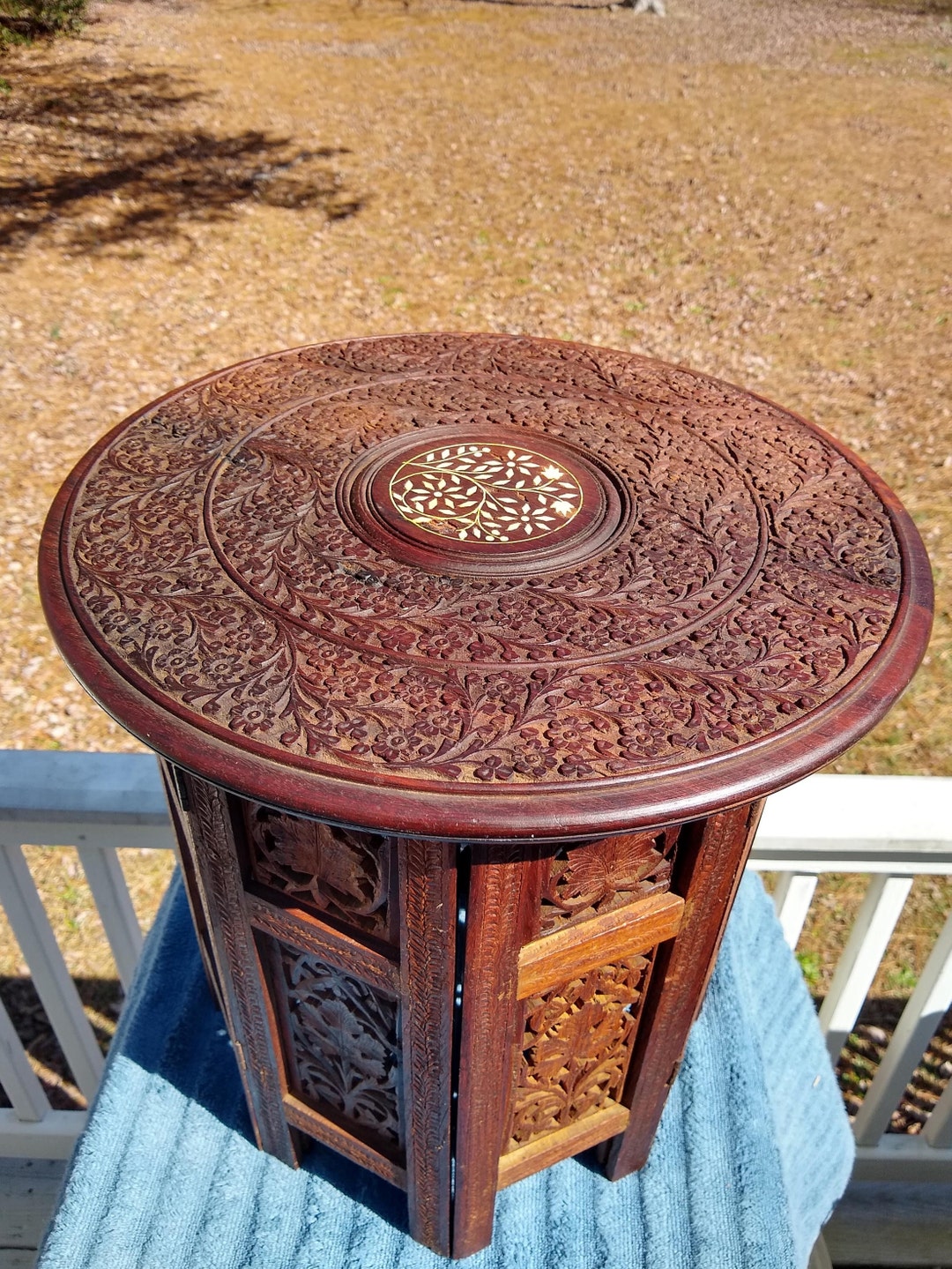 Amazing Antique Inlaid Beautifully Hand Carved Octagonal Indian