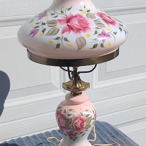 Estate Find! Vintage High Quality Milk Glass Hand Painted Floral Design Hurricane Lamp White with Pink Roses