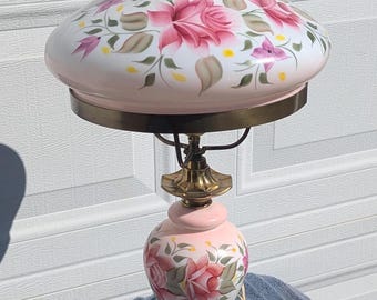 Estate Find! Vintage High Quality Milk Glass Hand Painted Floral Design Hurricane Lamp White with Pink Roses