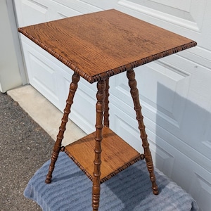 RARE Find! Stunning Antique Hand Carved Oak Side Table, Plant Stand with Hand Turned Legs, Professionally Refinished by Mastercraftsman