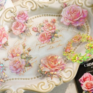 20 Holographische Rosen-Aufkleber, süße Aufkleber, Goldfolien-Rosen-Aufkleber, große Rosen-Aufkleber, Vintage-Rosen-Aufkleber, Folien-Blumen-Aufkleber