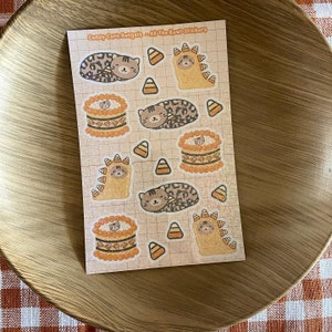 Kawaii stickervellen, schattige stickers, Candy Corn en Dino Bengal Cat stickers, herfsttaart Kawaii kattenstickers, holo of matte stickervellen