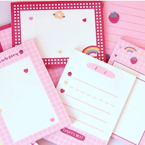 Bloco de notas de morango com 50 folhas, papel de carta de morango Kawaii, notas fofas, bloco de notas de morango, papel de carta de morango e arco-íris