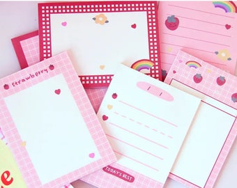 Bloc-notes fraise 50 feuilles, papeterie fraise Kawaii, notes mignonnes, bloc-notes fraise, fraise et arc-en-ciel stationnaire