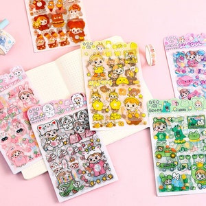 Autocollants kawaii mignons, feuilles d’autocollants mignons, autocollants jaunes, autocollants roses, autocollants verts, autocollants blancs, autocollants de journal, autocollants pour filles