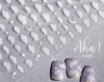 Kawaii Nail Decals,  White Cloud Nail Decals, Star Nail Decals, Moon Nail Decals, Kawaii Clouds, White Cloud Nail Stickers, Nail Stickers